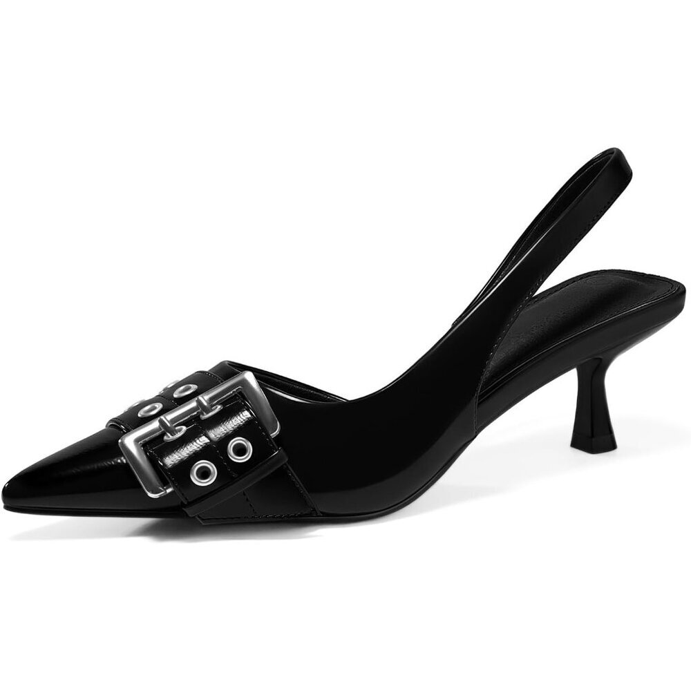 Women's Black Slingback Kitten Low Heels Closed Pointed Toe Pumps D’Orsay Buckle